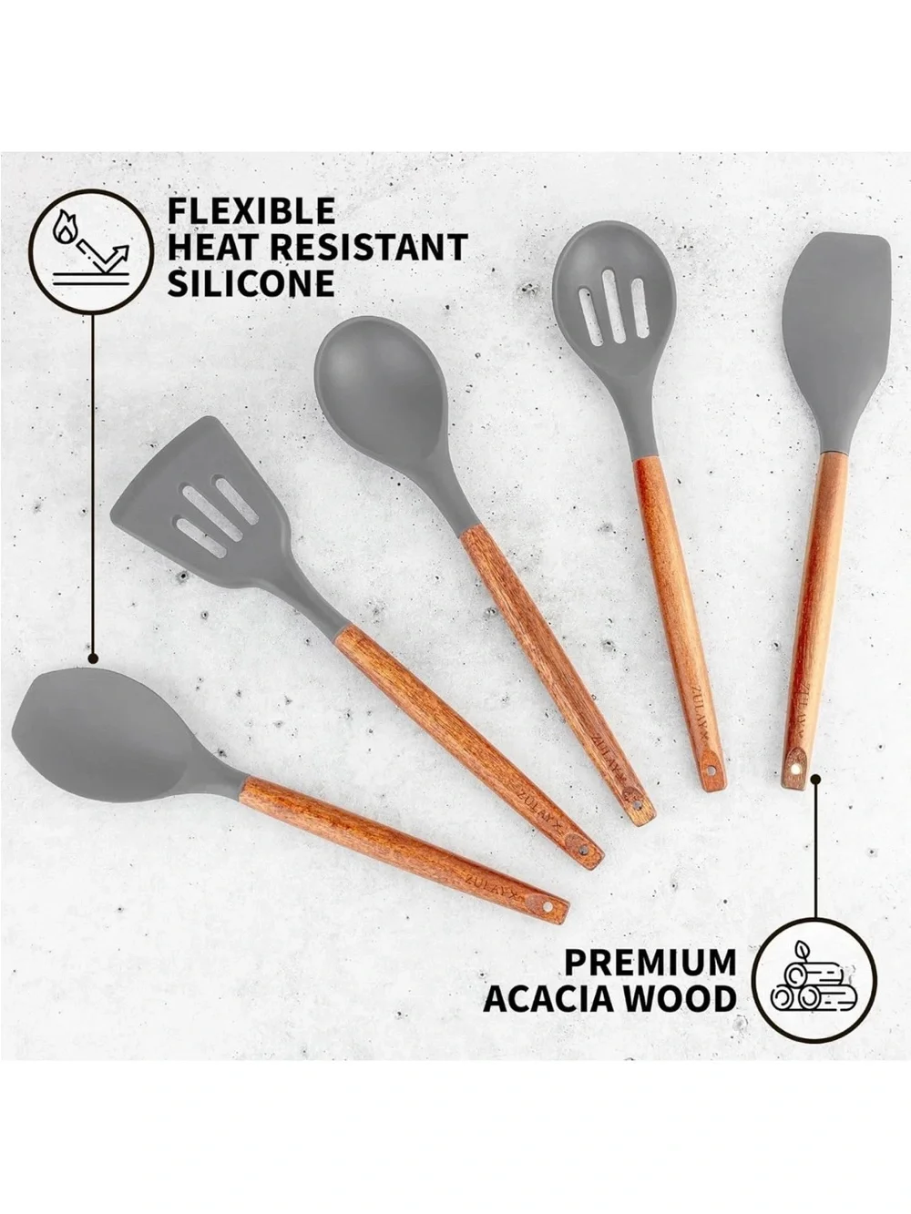 Brandless Gray Silicone & Acadia Wood Kitchen Utensil Set 8 PCs